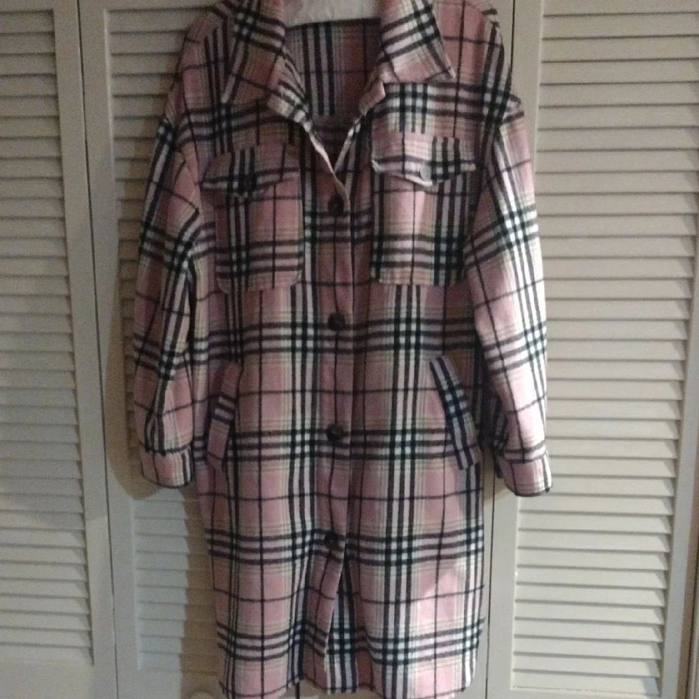 Fashion Nova Pink Plaid Longline Jacket - Picture 3 of 9